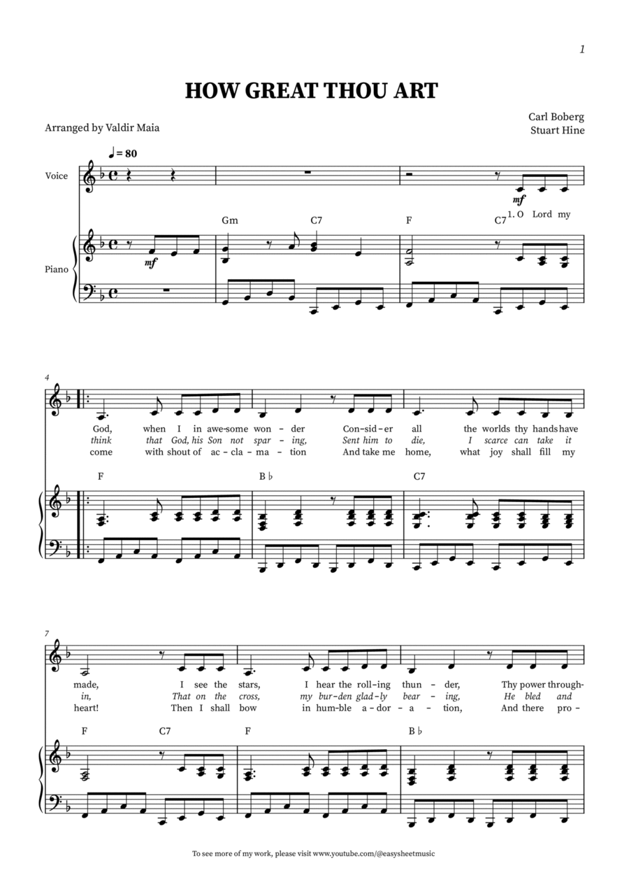 How Great Thou Art -Solo Voice in F with Piano Accompaniment Piano, Vocal, Guitar scores gallery preview page 1