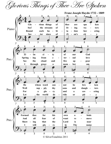 Glorious Things of Thee Are Spoken Easy Piano Sheet Music