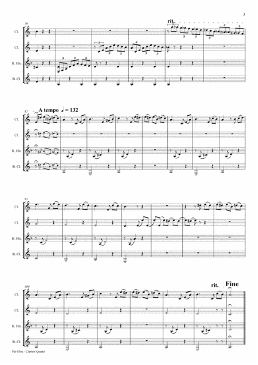 For Elise - Ludwig van Beethoven - Clarinet Quartet Clarinet Quartet scores gallery preview page 3