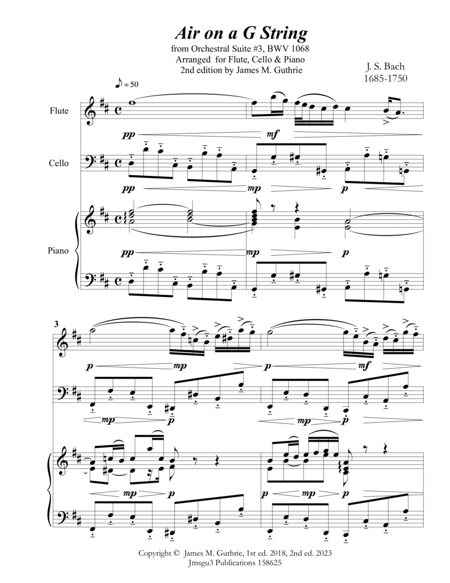Bach: Air on a G String for Flute, Cello & Piano Flute scores gallery preview page 1