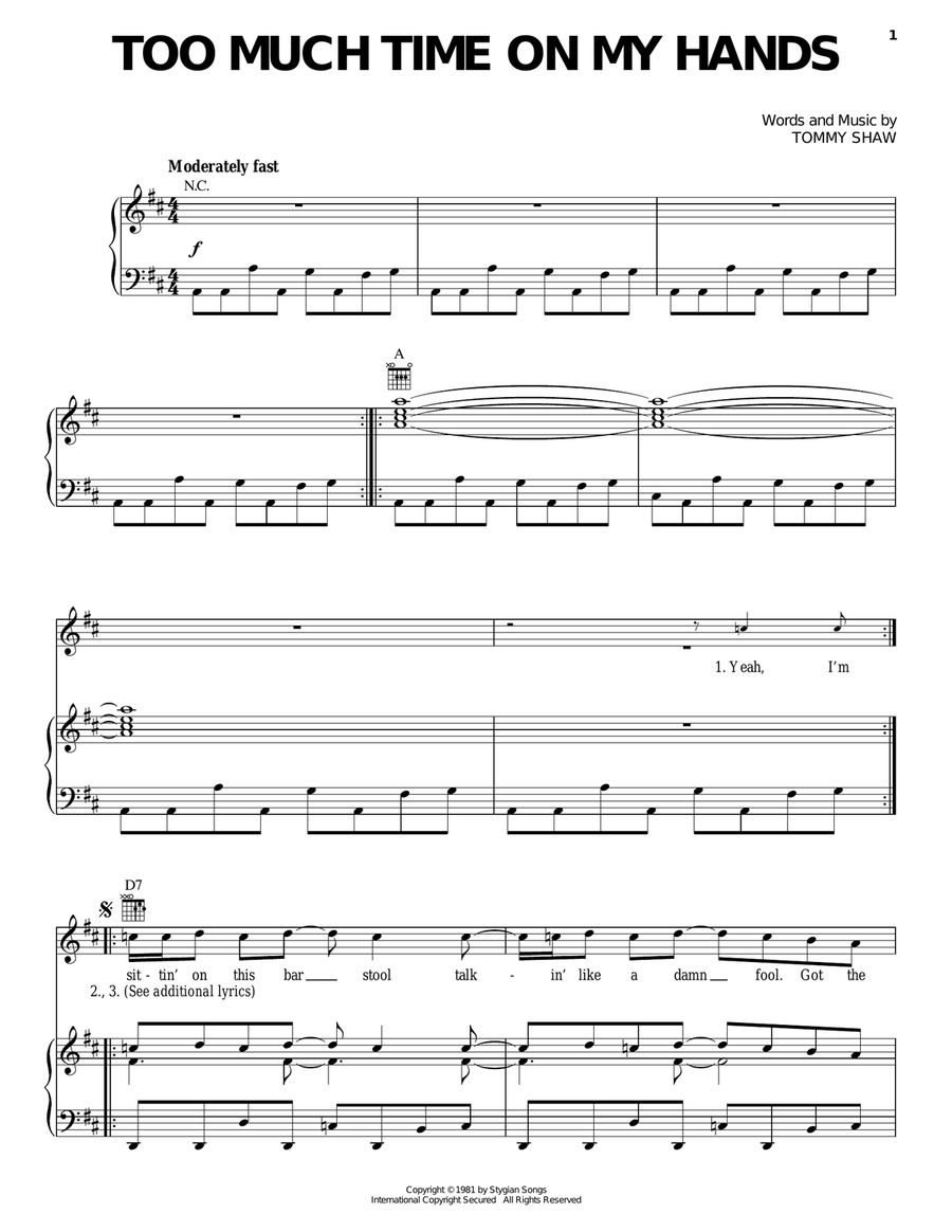 Too Much Time On My Hands Piano, Vocal, Guitar scores gallery preview page 1