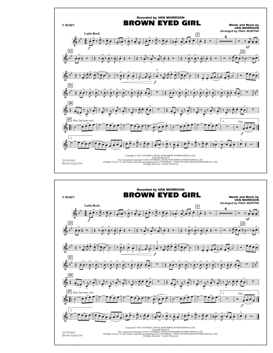 Brown Eyed Girl - F Horn Marching Band scores gallery preview page 1