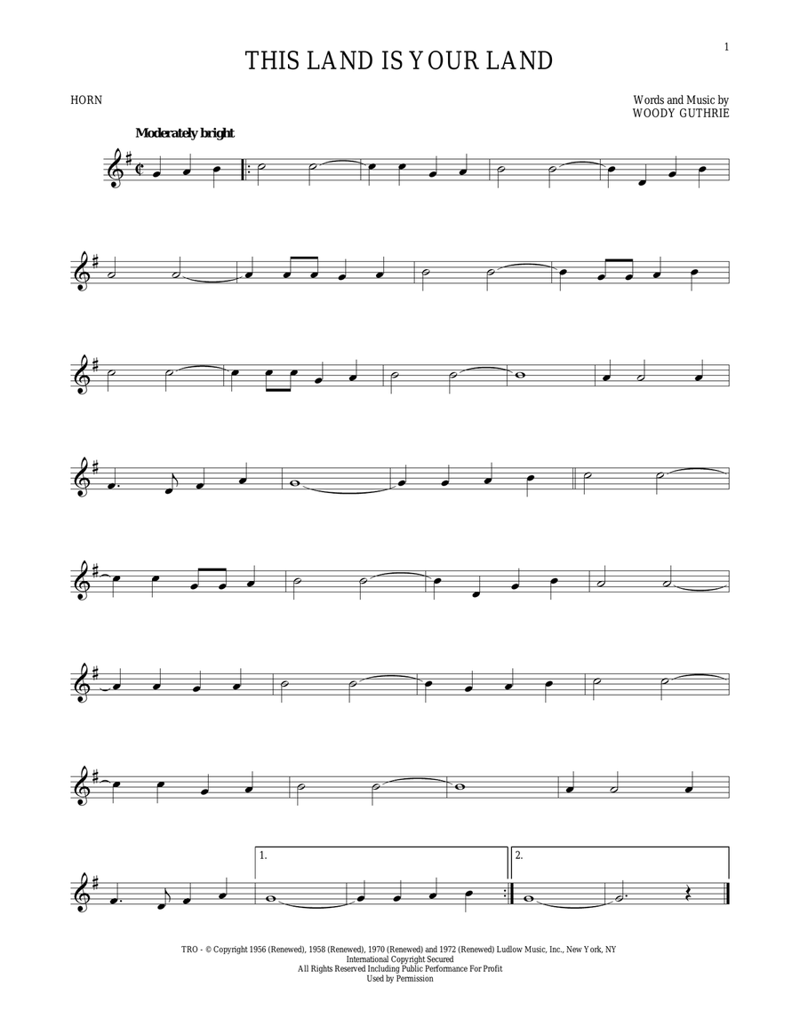 This Land Is Your Land Horn Solo scores gallery preview page 1