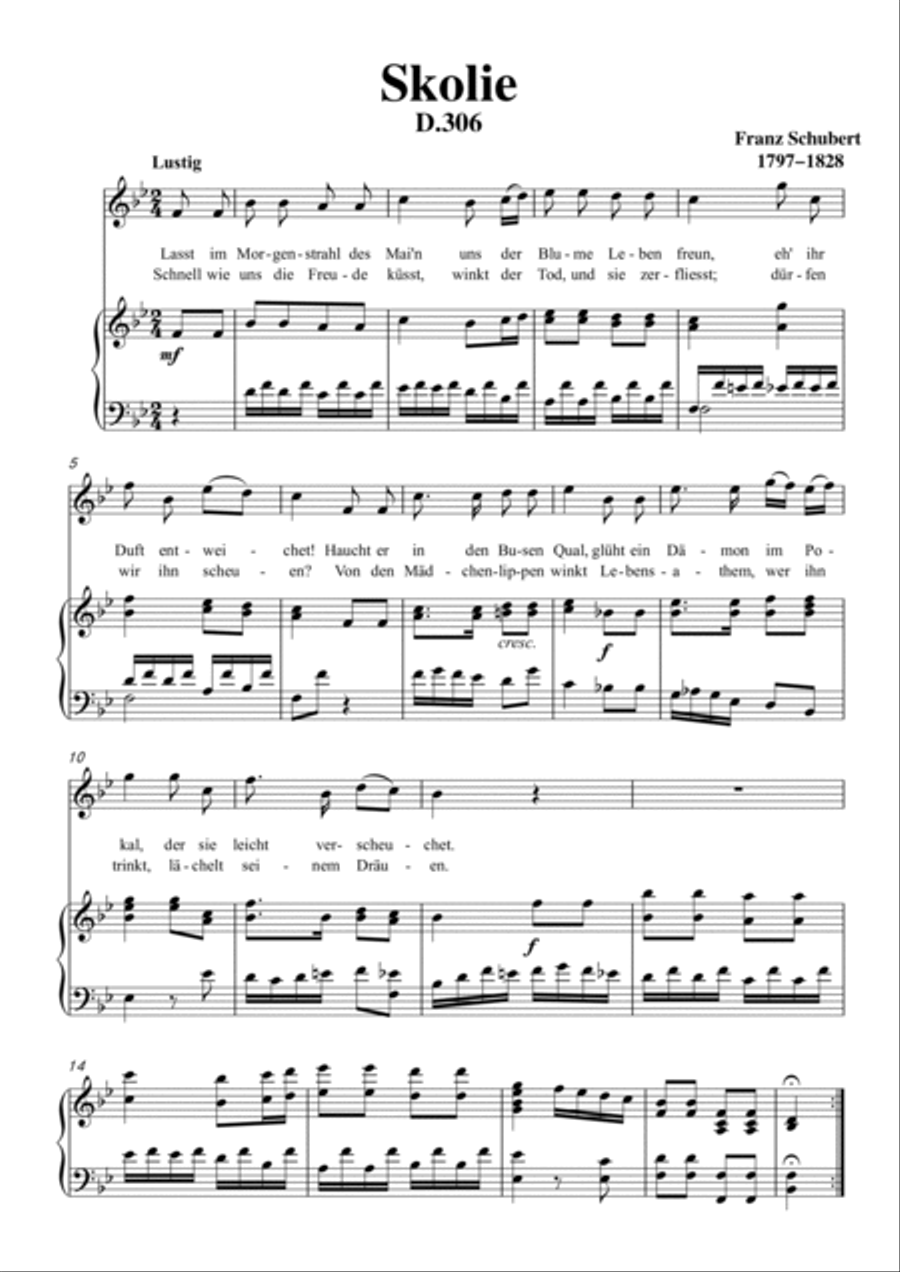 Schubert-Skolie(Skolion;Drinking Song),D.306 in bB for Vocal and Piano(Ver.1) Voice scores gallery preview page 2