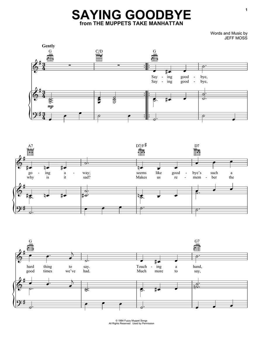 Saying Goodbye (from The Muppets Take Manhattan) Piano, Vocal, Guitar scores gallery preview page 1