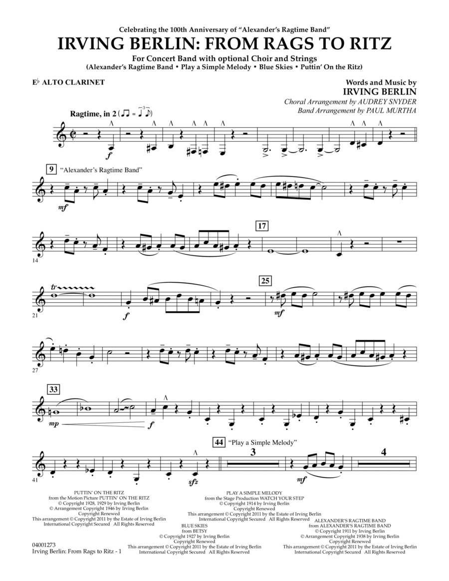 Irving Berlin: From Rags To Ritz - Eb Alto Clarinet Concert Band scores gallery preview page 1