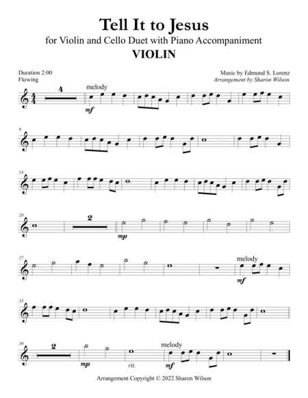 Tell It to Jesus (Easy Violin and Cello Duet with Piano Accompaniment) image number null