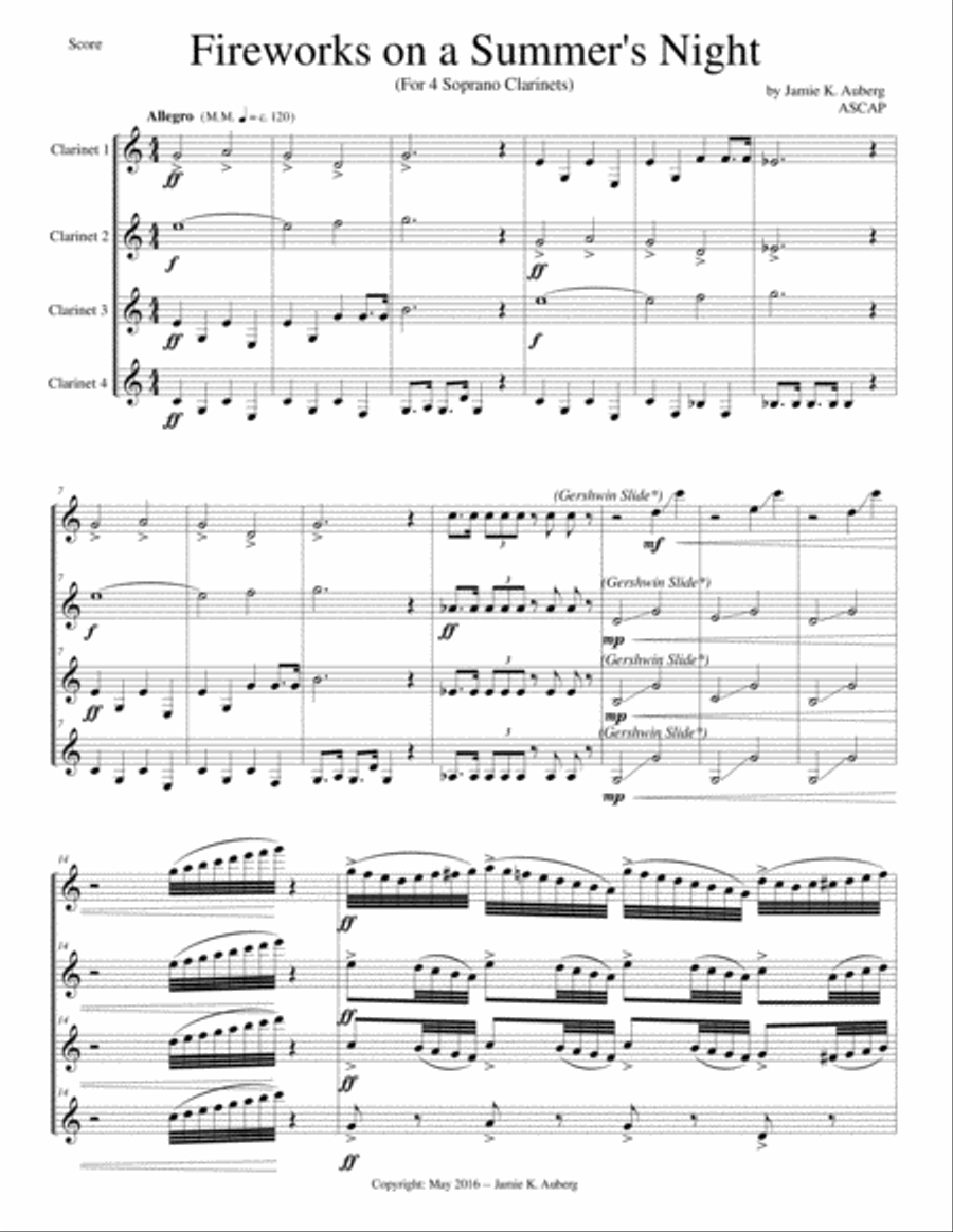 Fireworks on a Summer's Night (Clarinet Quartet) Clarinet Quartet scores gallery preview page 1