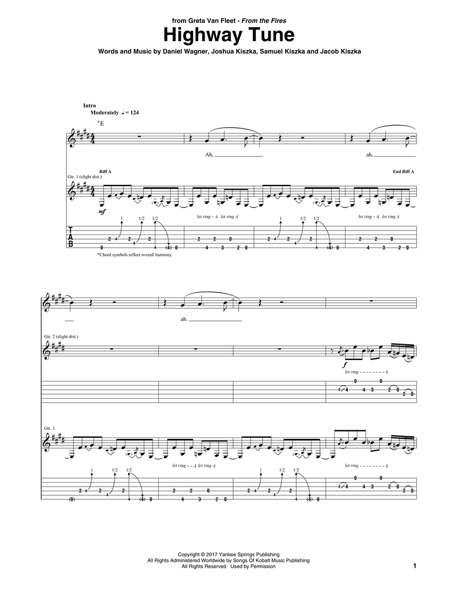 Highway Tune Guitar Tablature scores gallery preview page 1