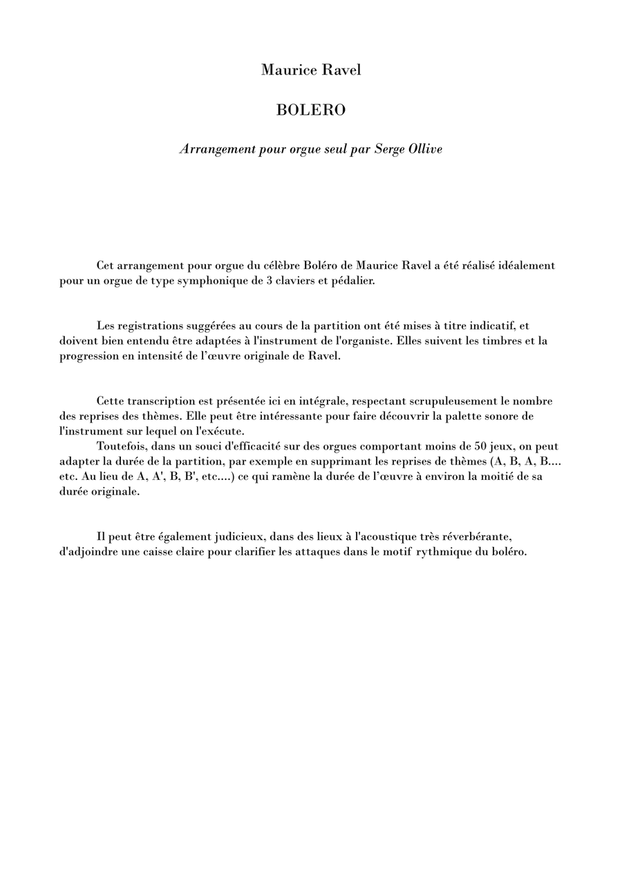 RAVEL / OLLIVE - BOLERO RAVEL / OLLIVE - BOLERO Organ Solo scores gallery preview page 1