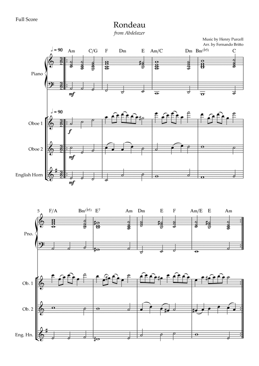 Rondeau (from Abdelazer) for Woodwind Trio and Piano Accompaniment with Chords image number null