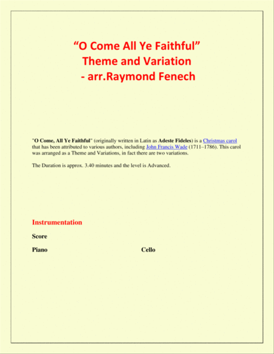 O Come All Ye Faithful (Adeste Fidelis) - Theme and Variation for Cello and Piano - Advanced Level Piano scores gallery preview page 2