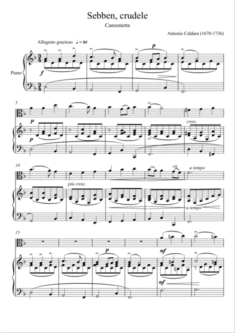 Antonio Caldara - Sebben Crudele (Viola Solo) String Duet scores gallery preview page 1