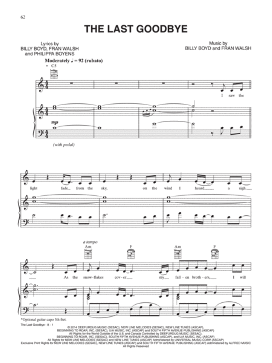 The Last Goodbye (from The Hobbit: The Battle of Five Armies) Piano, Vocal, Guitar scores gallery preview page 1