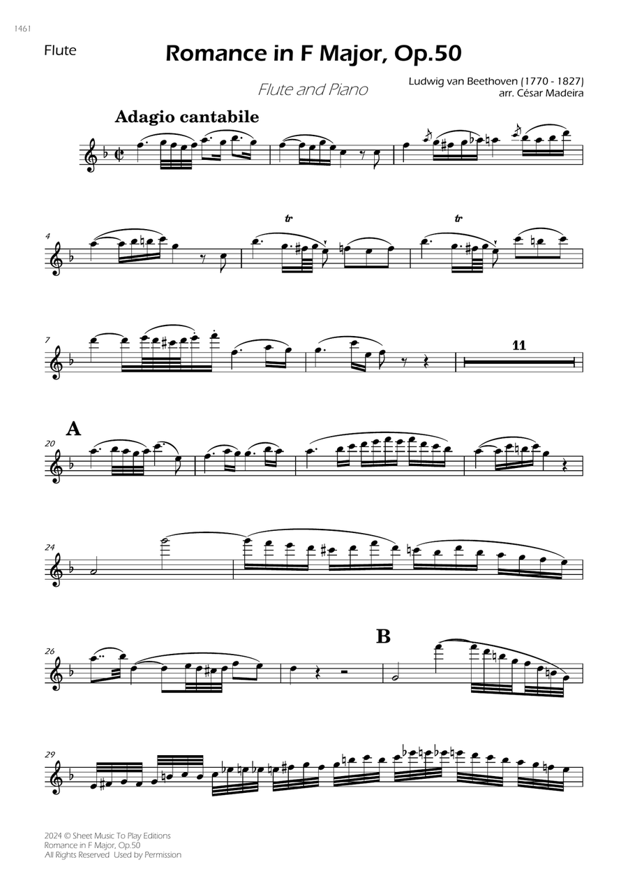 Romance in F Major, Op.50 - Flute and Piano (Individual Parts) Flute scores gallery preview page 1