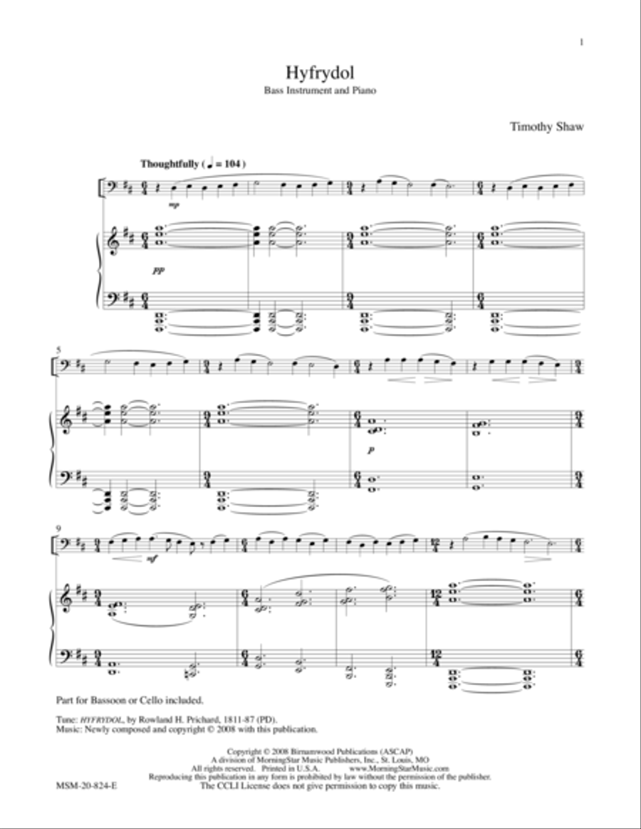 Hyfrydol for Bass Instrument and Piano Cello scores gallery preview page 1