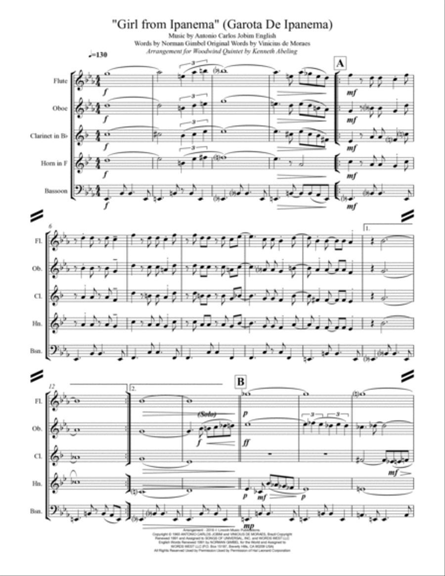 The Girl From Ipanema (Garota De Ipanema) Woodwind Quintet scores gallery preview page 2