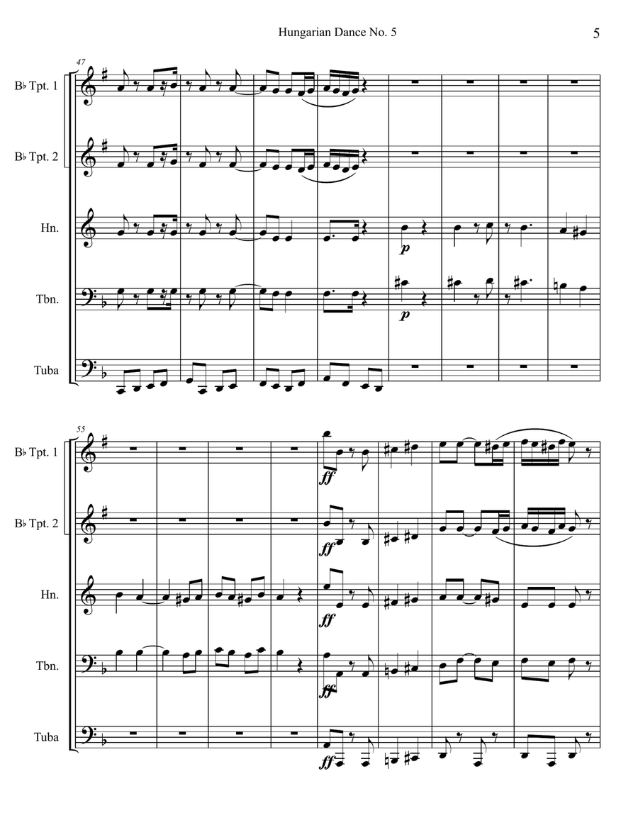 Hungarian Dance No 5 In G Minor - Allegro Vivace Brass Quintet scores gallery preview page 5
