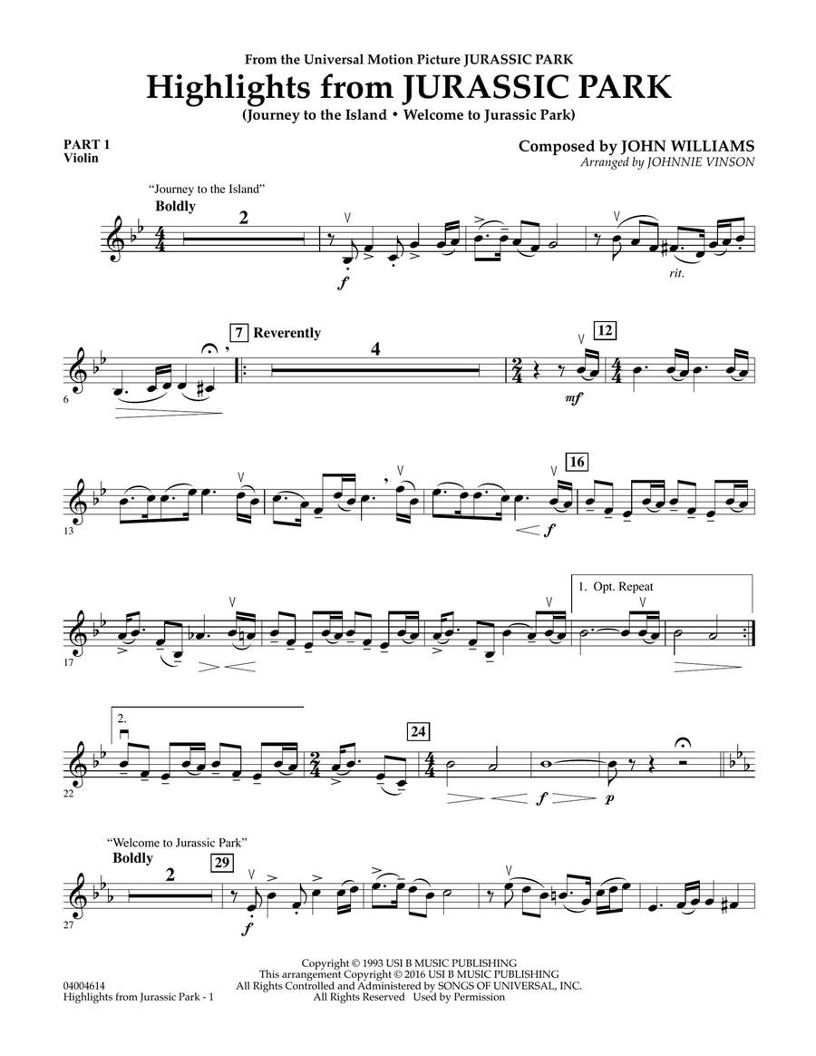 Highlights from Jurassic Park - Pt.1 - Violin Concert Band scores gallery preview page 1