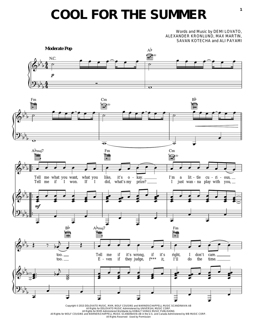 Cool For The Summer Piano, Vocal, Guitar scores gallery preview page 1