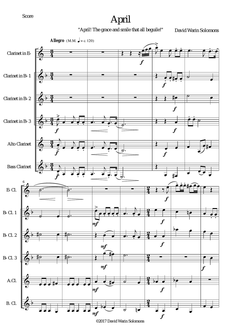 April (April! The grace and smile that all beguile!) for clarinet sextet (with E flats) Clarinet Solo scores gallery preview page 1