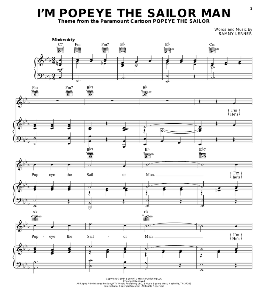 I'm Popeye The Sailor Man Guitar scores gallery preview page 1