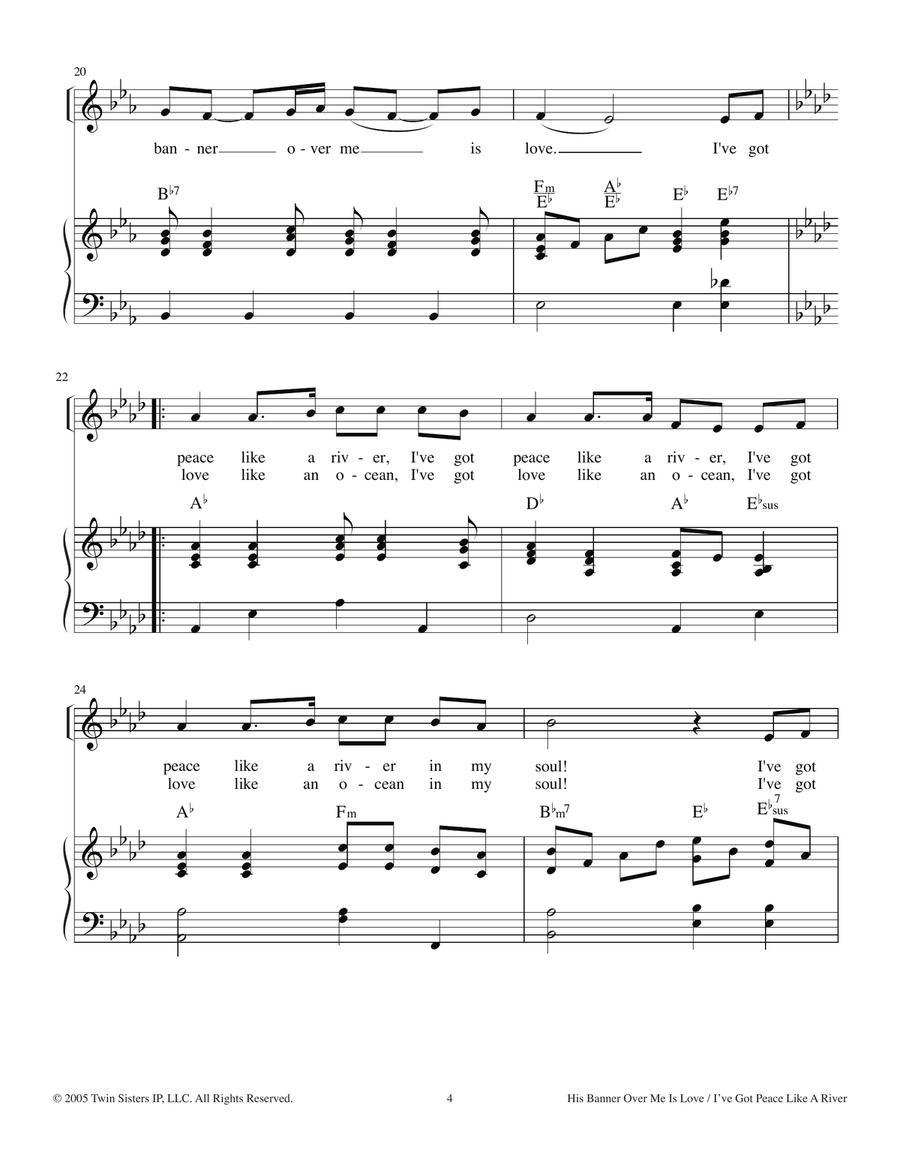 His Banner Over Me Is Love/I've Got Peace Like A River Piano, Vocal scores gallery preview page 4
