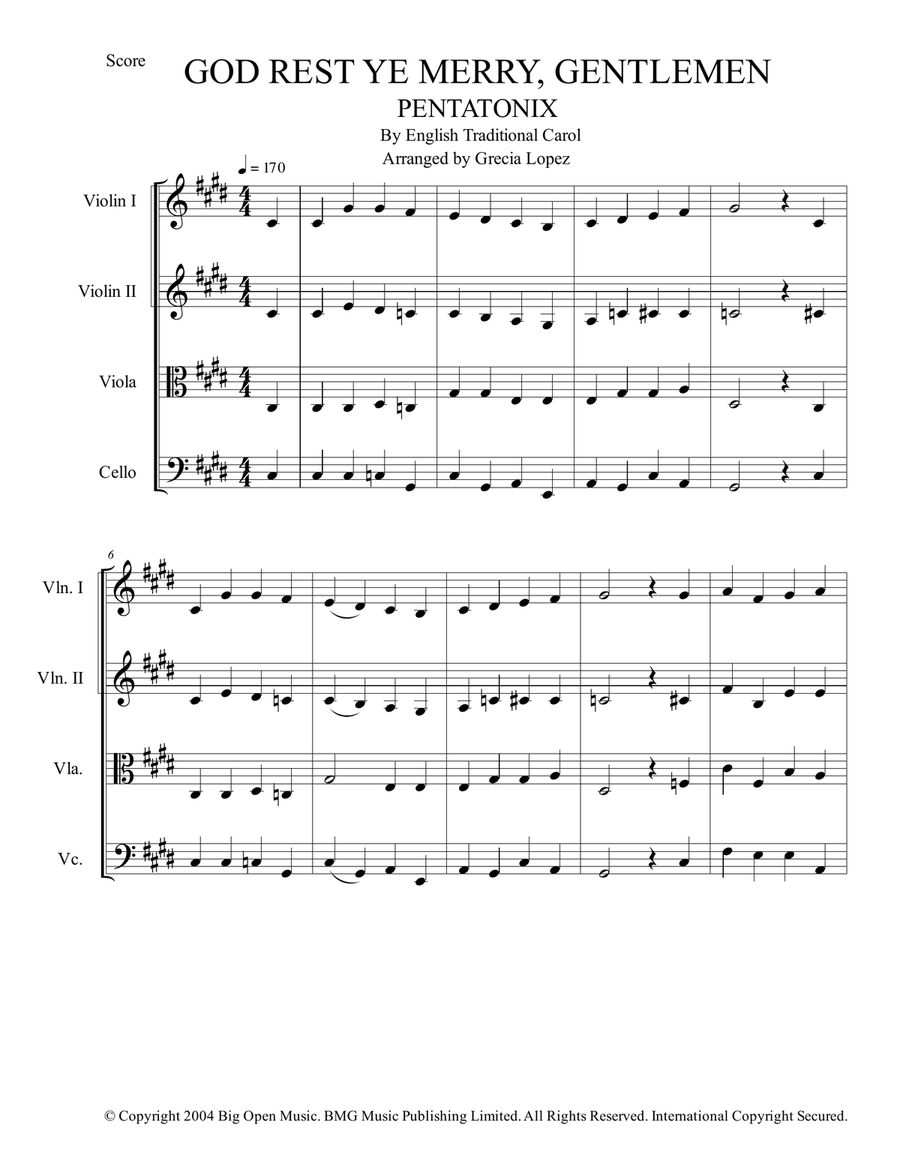 God Rest Ye Merry, Gentlemen - Pentatonix - Strings Quartet String Quartet scores gallery preview page 1