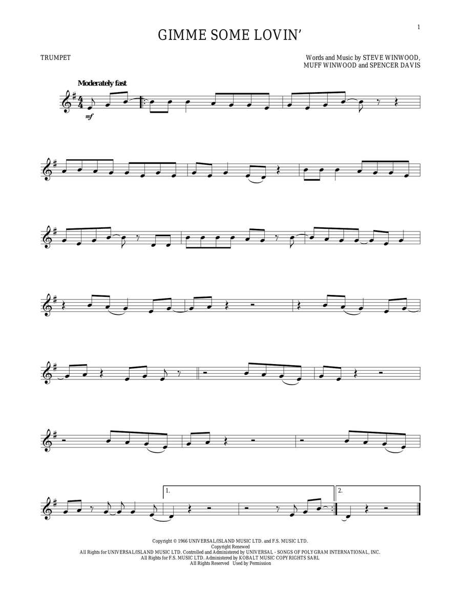 Gimme Some Lovin' Trumpet Solo scores gallery preview page 1