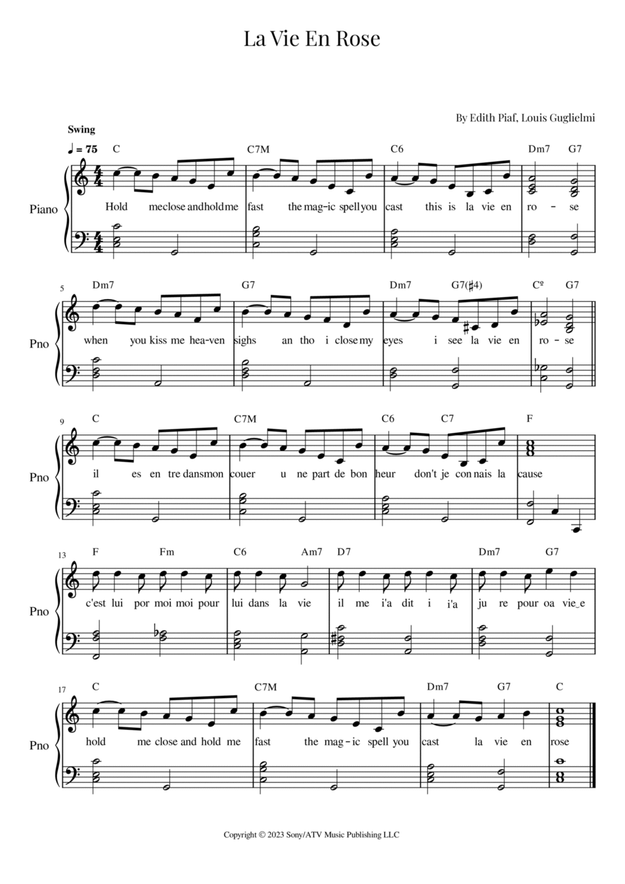 La Vie En Rose Easy Piano scores gallery preview page 1