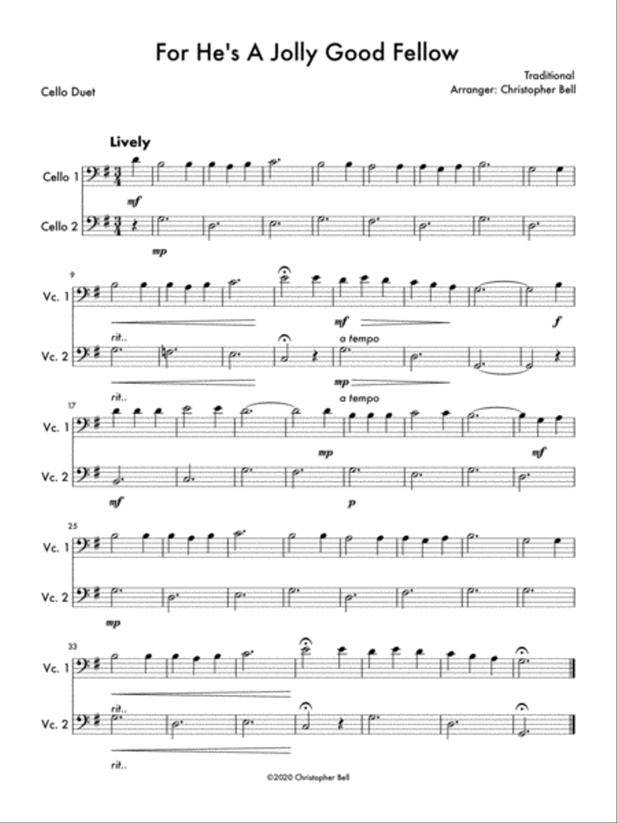 For He's A Jolly Good Fellow (Cello Duet) String Duet scores gallery preview page 1