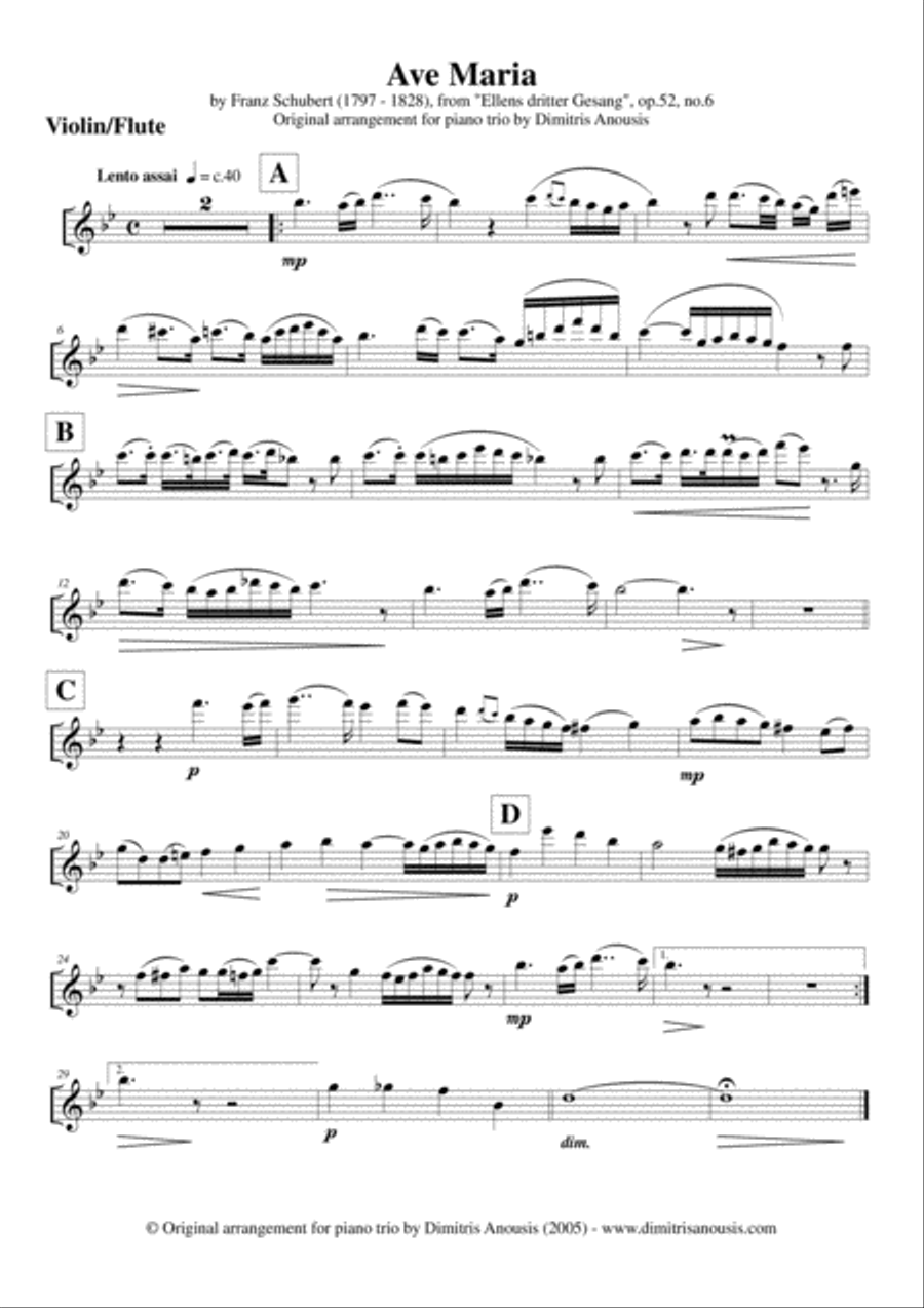 Franz Schubert's Ave Maria - Amazing arrangement for piano trio (pno, vln or flute & cello) image number null