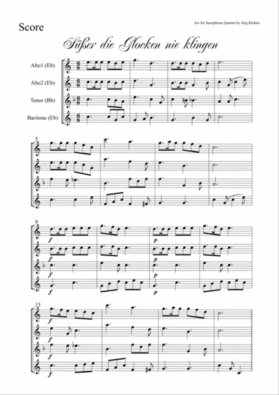 Sweeter the bells never sound (Süßer die Glocken nie klingen) for Saxophone Quartet Saxophone Quartet scores gallery preview page 2