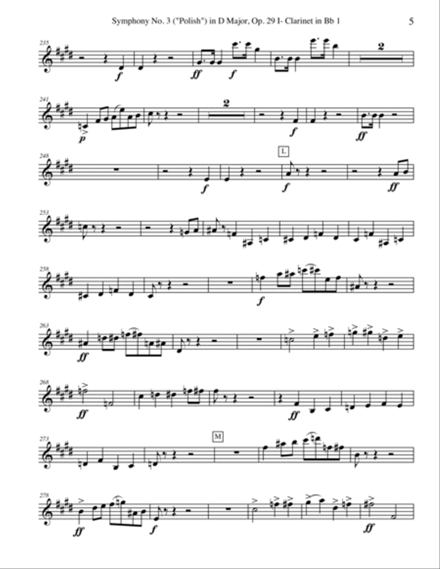 Tchaikovsky Symphony No. 3, Movement I - Clarinet in Bb 1 (Transposed Part), Op. 29 B-Flat Clarinet scores gallery preview page 5