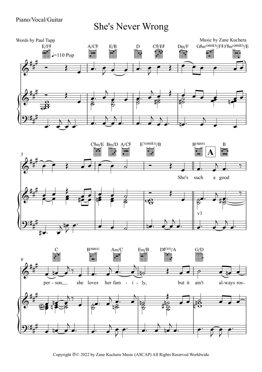 She's Never Wrong Piano, Vocal, Guitar scores gallery preview page 1