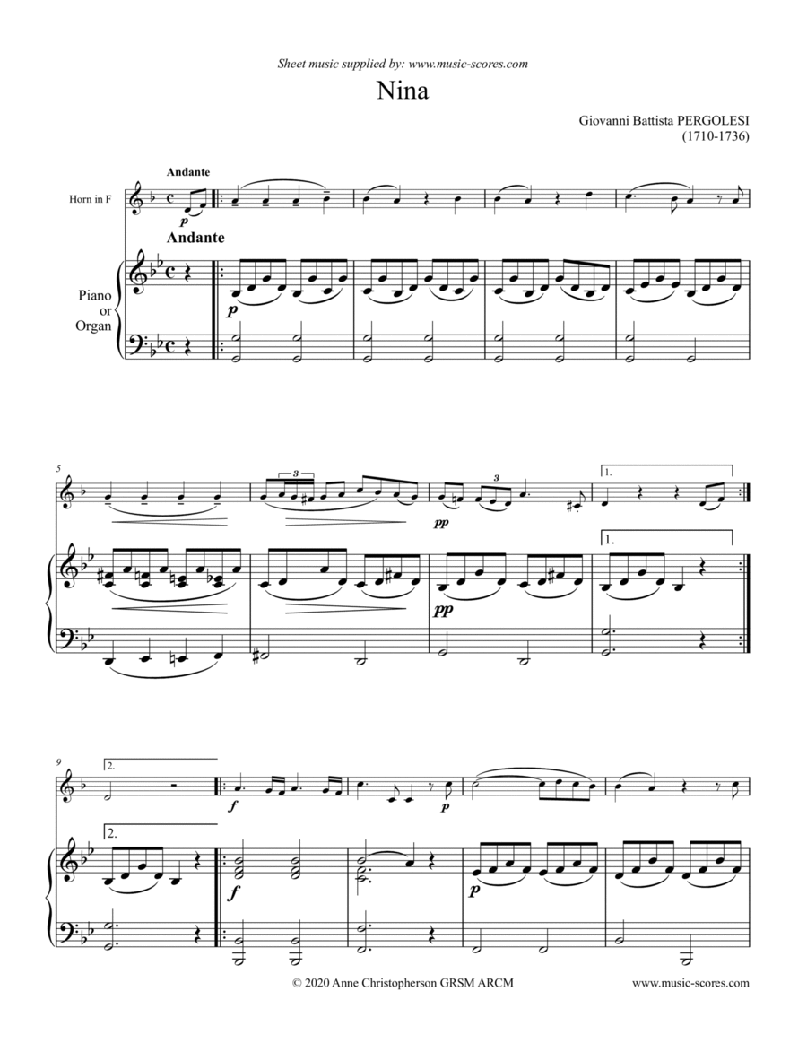 Nina - French Horn and Piano/Organ (G minor) Brass Duet scores gallery preview page 1