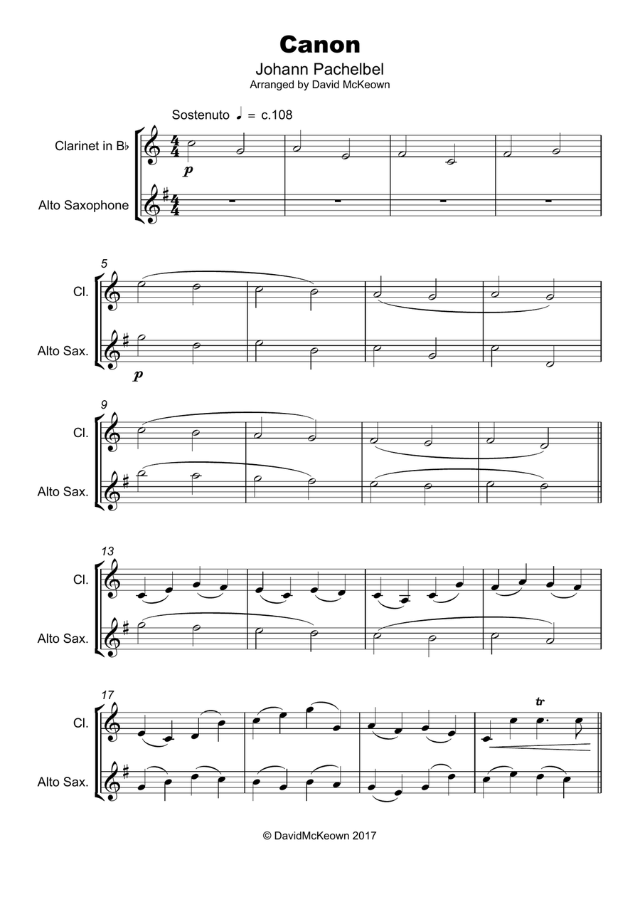 Pachelbel's Canon, Clarinet and Alto Saxophone Duet (with optional bass part) Woodwind Duet scores gallery preview page 2