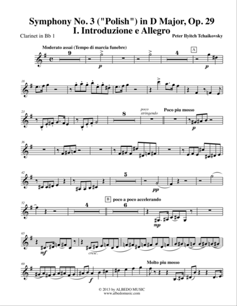 Tchaikovsky Symphony No. 3, Movement I - Clarinet in Bb 1 (Transposed Part), Op. 29 B-Flat Clarinet scores gallery preview page 1