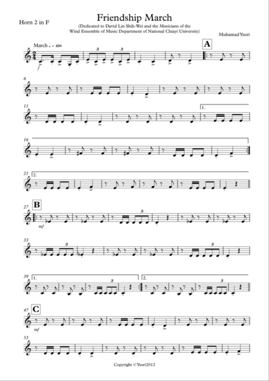 Friendship March (Horn 2 in F Part) Concert Band scores gallery preview page 1