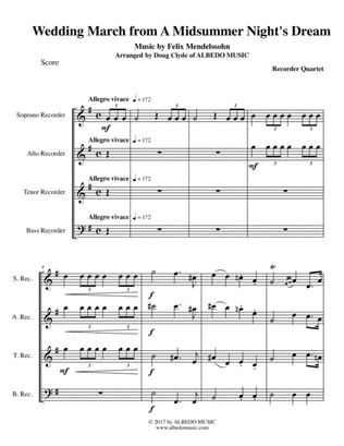 Book cover for Mendelssohn Wedding March from A Midsummer Night's Dream for Recorder Quartet