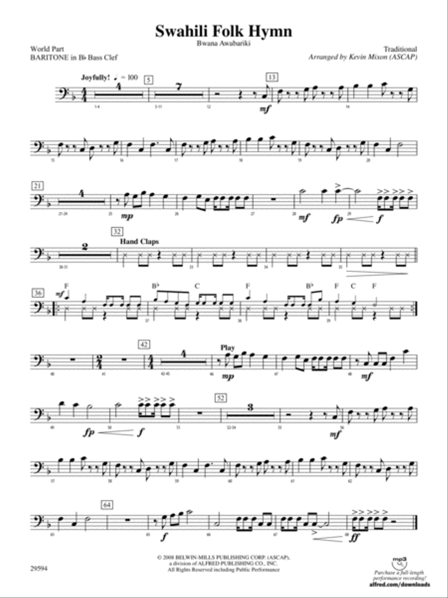 Swahili Folk Hymn (Bwana Awabariki): (World Part) B-flat Baritone B.C. Concert Band scores gallery preview page 1