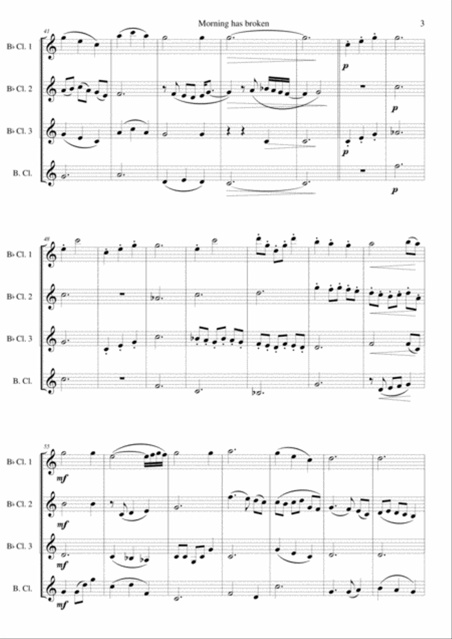 Variations on Morning has broken (Bunessan) for clarinet quartet (3 B flats and 1 bass) Clarinet Quartet scores gallery preview page 3