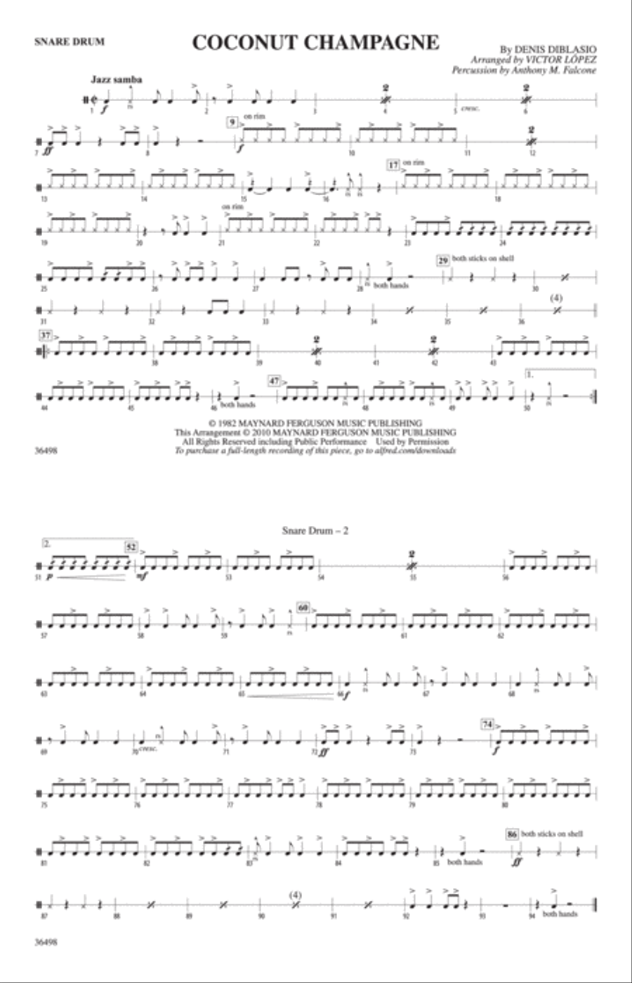 Coconut Champagne: Snare Drum Marching Band scores gallery preview page 1