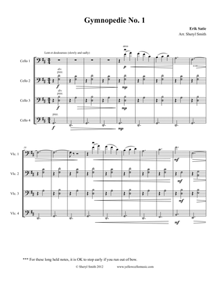Book cover for Satie Gymnopedie No.1 arranged for mixed level cello ensemble/quartet