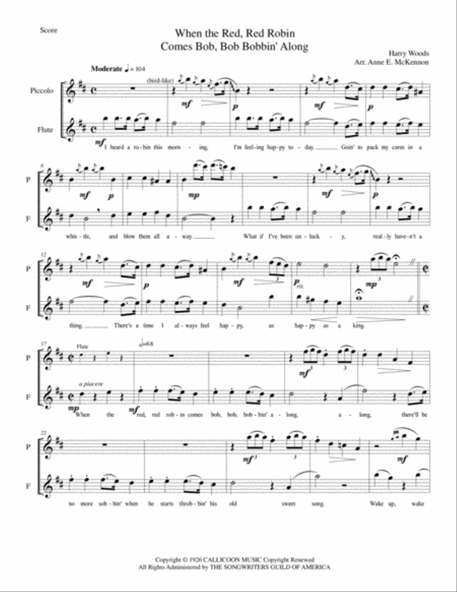 When The Red, Red Robin Comes Bob, Bob Bobbin' Along Flute Duet scores gallery preview page 2