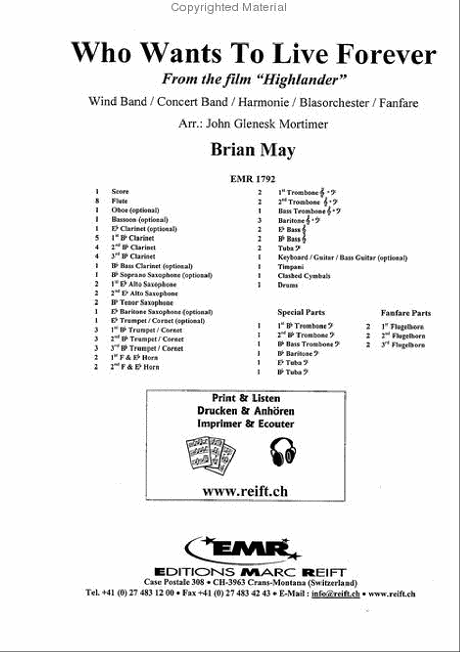 Highlander Who Wants To Live Forever Concert Band scores gallery preview page 2