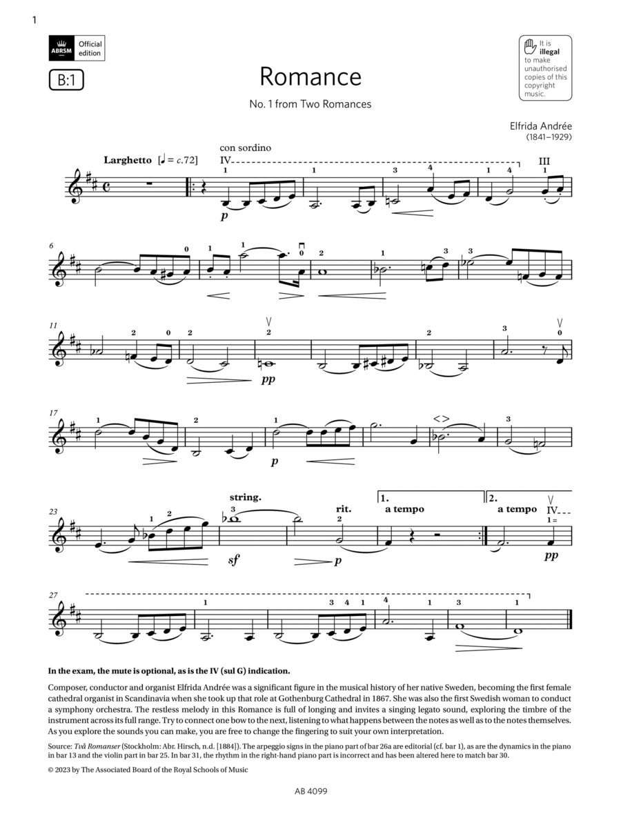 Romance (Grade 5, B1, from the ABRSM Violin Syllabus from 2024) Violin Solo scores gallery preview page 1