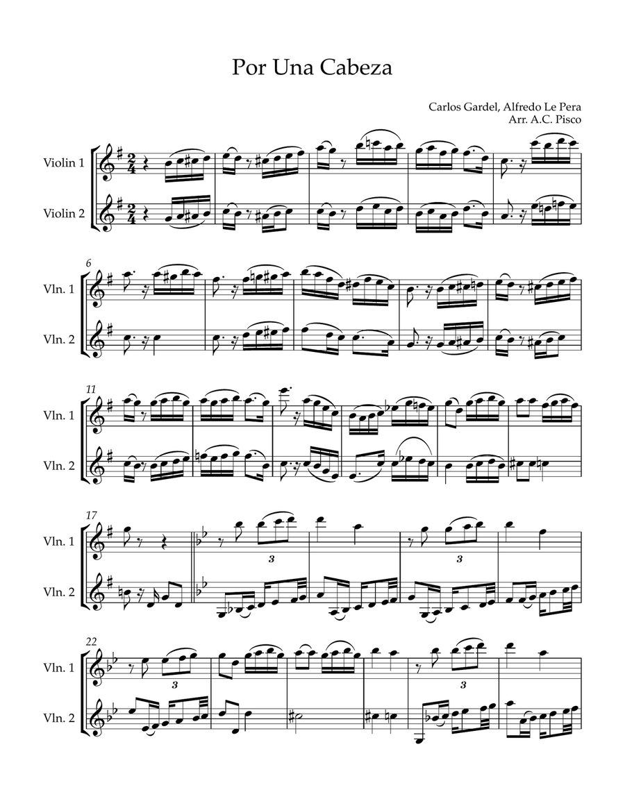 Por Una Cabeza for Two Violins String Duet scores gallery preview page 1