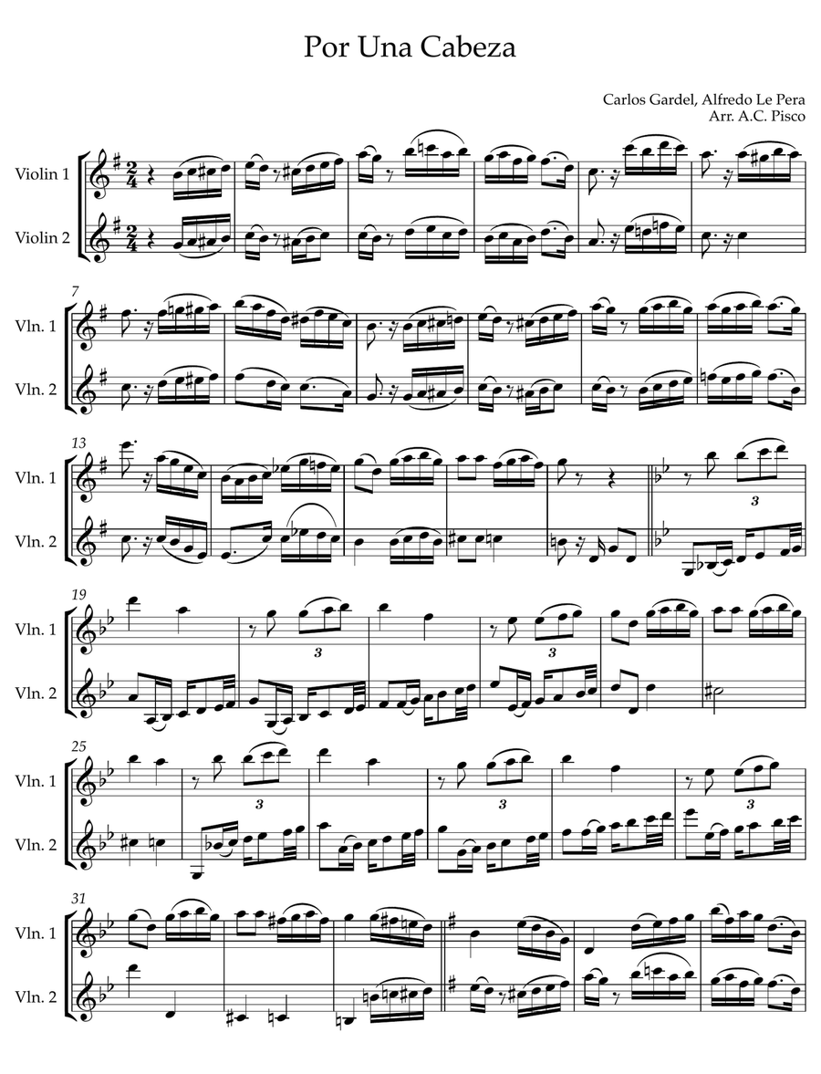 Por Una Cabeza for Two Violins