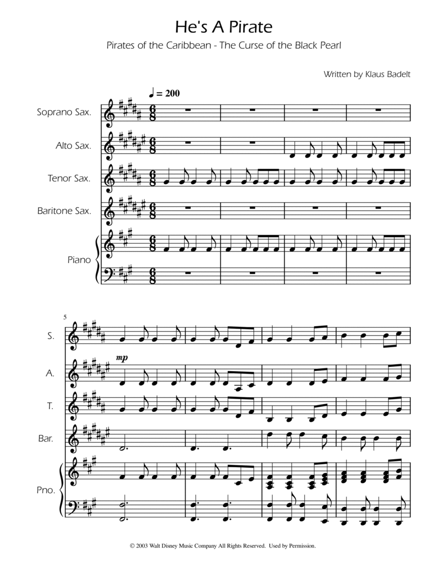 He's A Pirate Saxophone Quartet scores gallery preview page 1